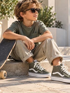 Vans Kids High-Top Sneakers in Olive and White
